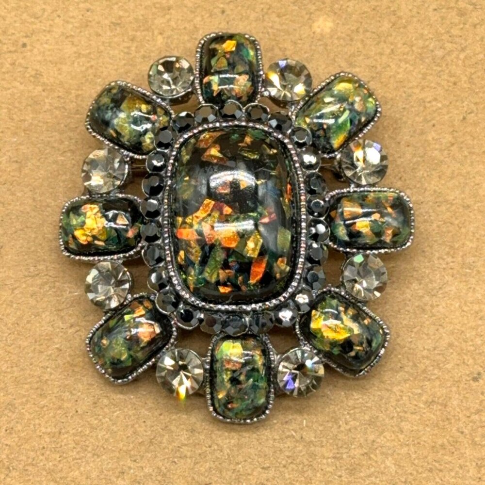 SNK Confetti Brooch Silver Tone Metallic Iridescent Green Gold Smoky Faceted 2" - Picture 2 of 8